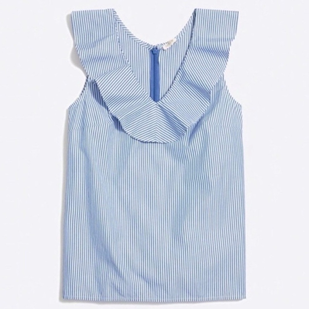 J.Crew Ruffle Neck Striped Top Blue White Cotton 0 XS Coastal Preppy Nautical